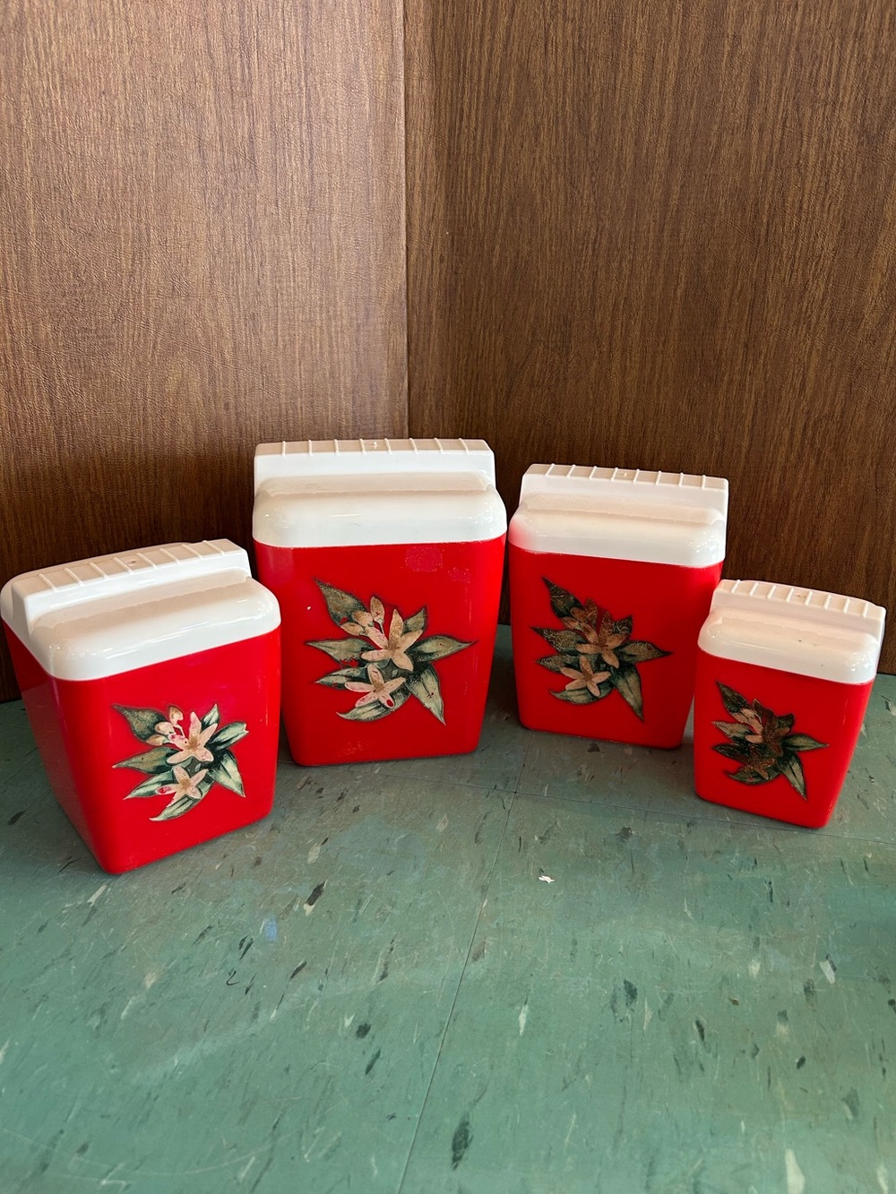 4 Canister set vintage red floral plastic Midcentury Cottage Core Nesting